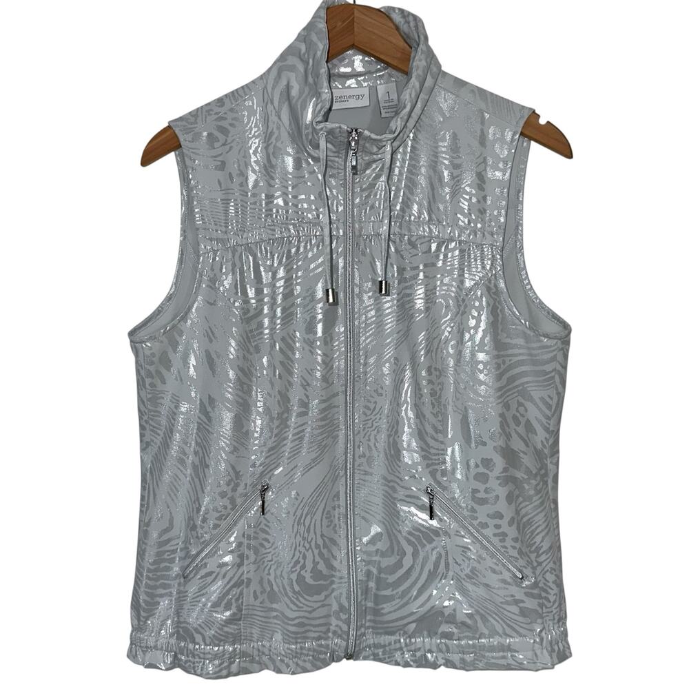 NWT Chicos Zenergy Neema Silver Metallic Animal Print Zip Vest Size M/8